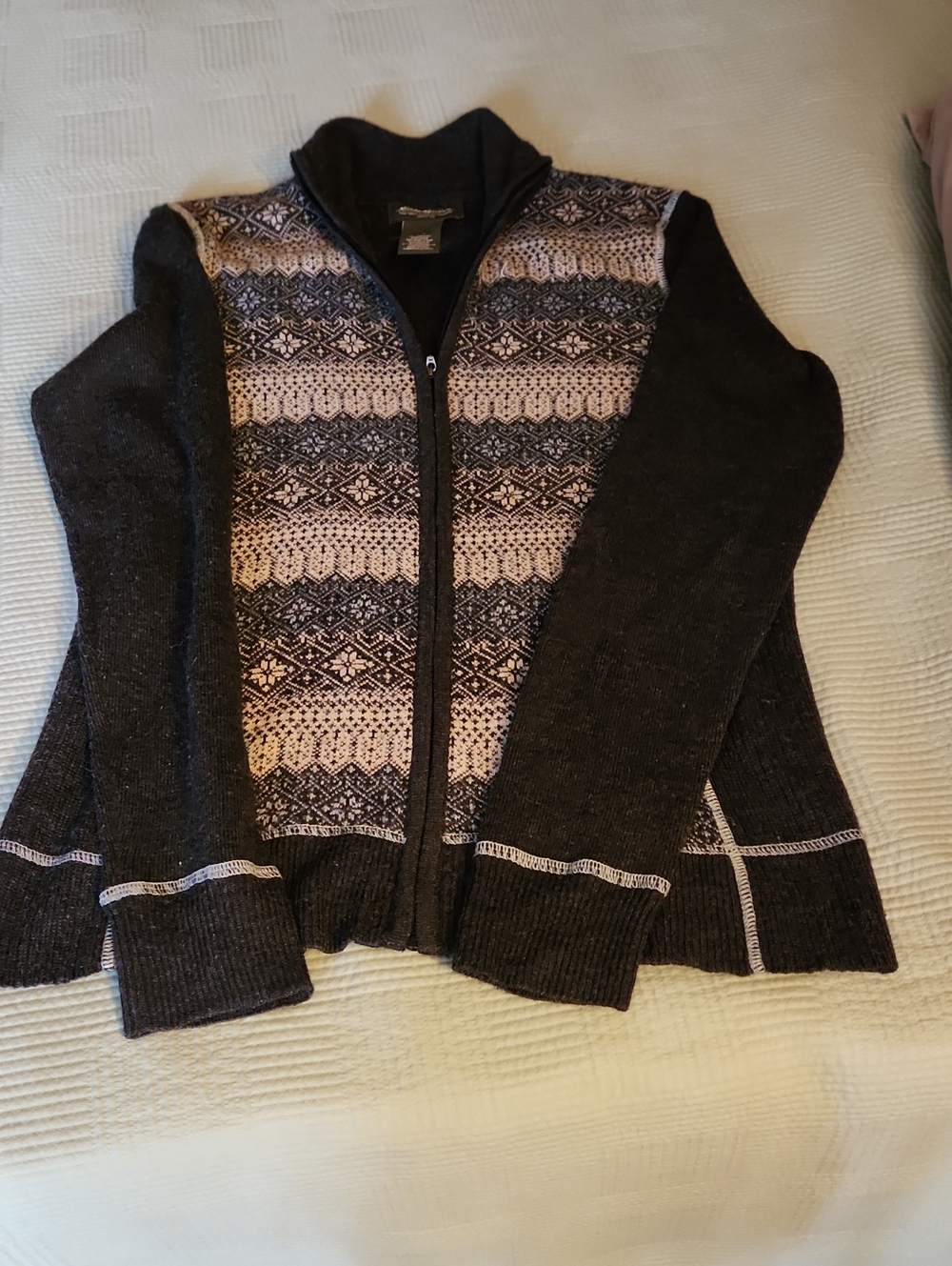 Eddie BAUER Wool Blend Zip-Front Women's Sweater - Charcoal with Pattern